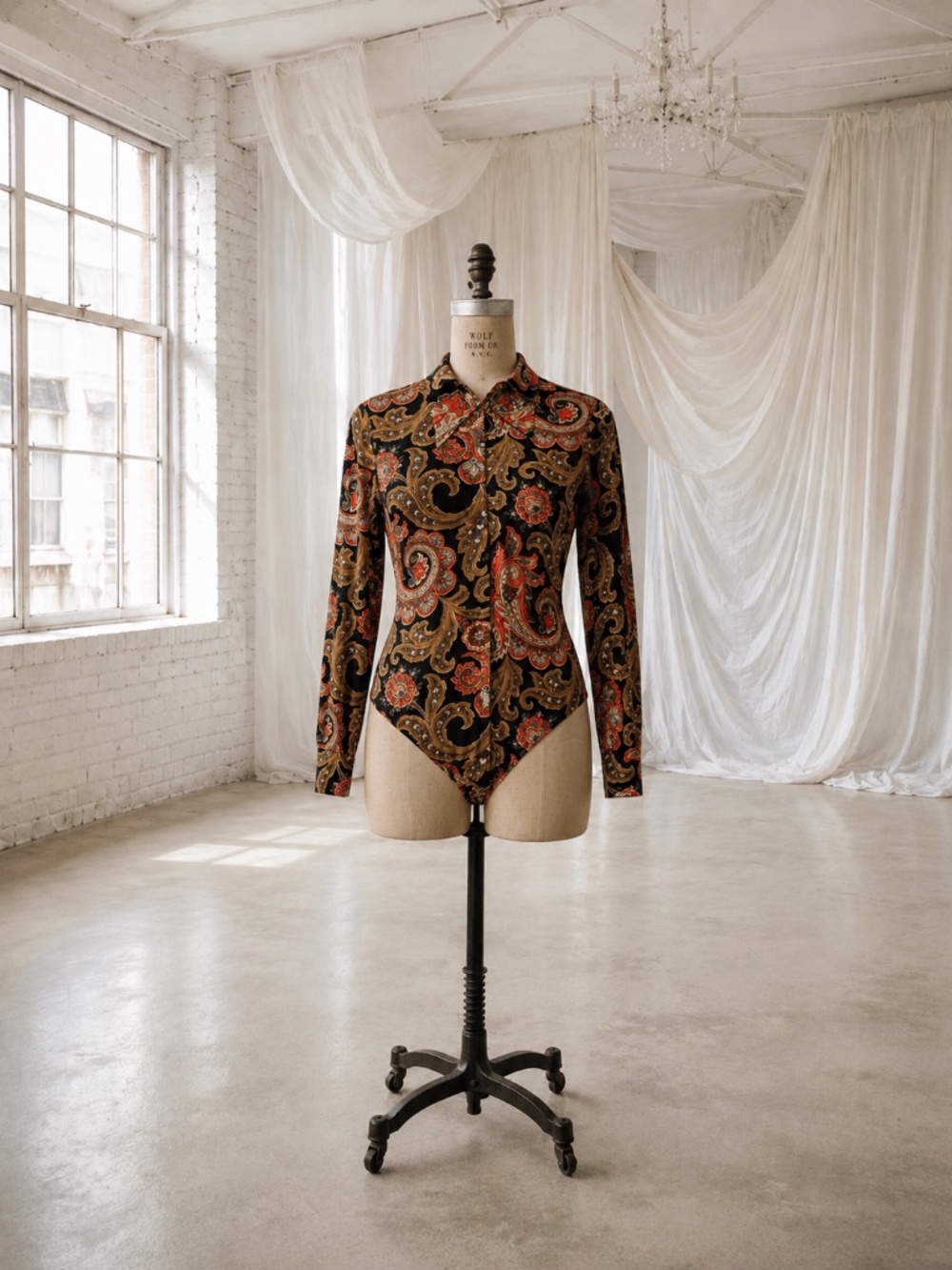 Vintage 70s Dagger Collar Paisley Bodysuit Zip Front M